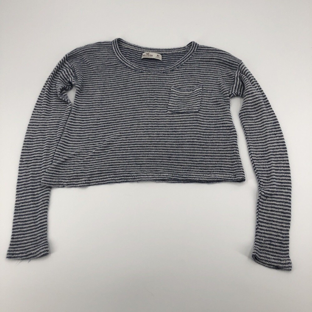 Y2K Hollister Cropped Knit Top XS Blue White Striped Extra Long Sleeves Slouchy